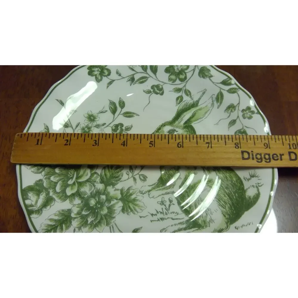 Maxcera Green Toile Rabbit Bunny 9.25” Luncheon Salad Plates Scalloped NEW 12